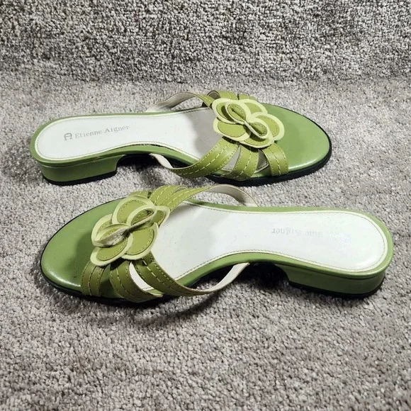 Etienne Aigner Helga Sandals Green Leather Floral Slide Low Block Heel Womens 7 - Picture 10 of 10